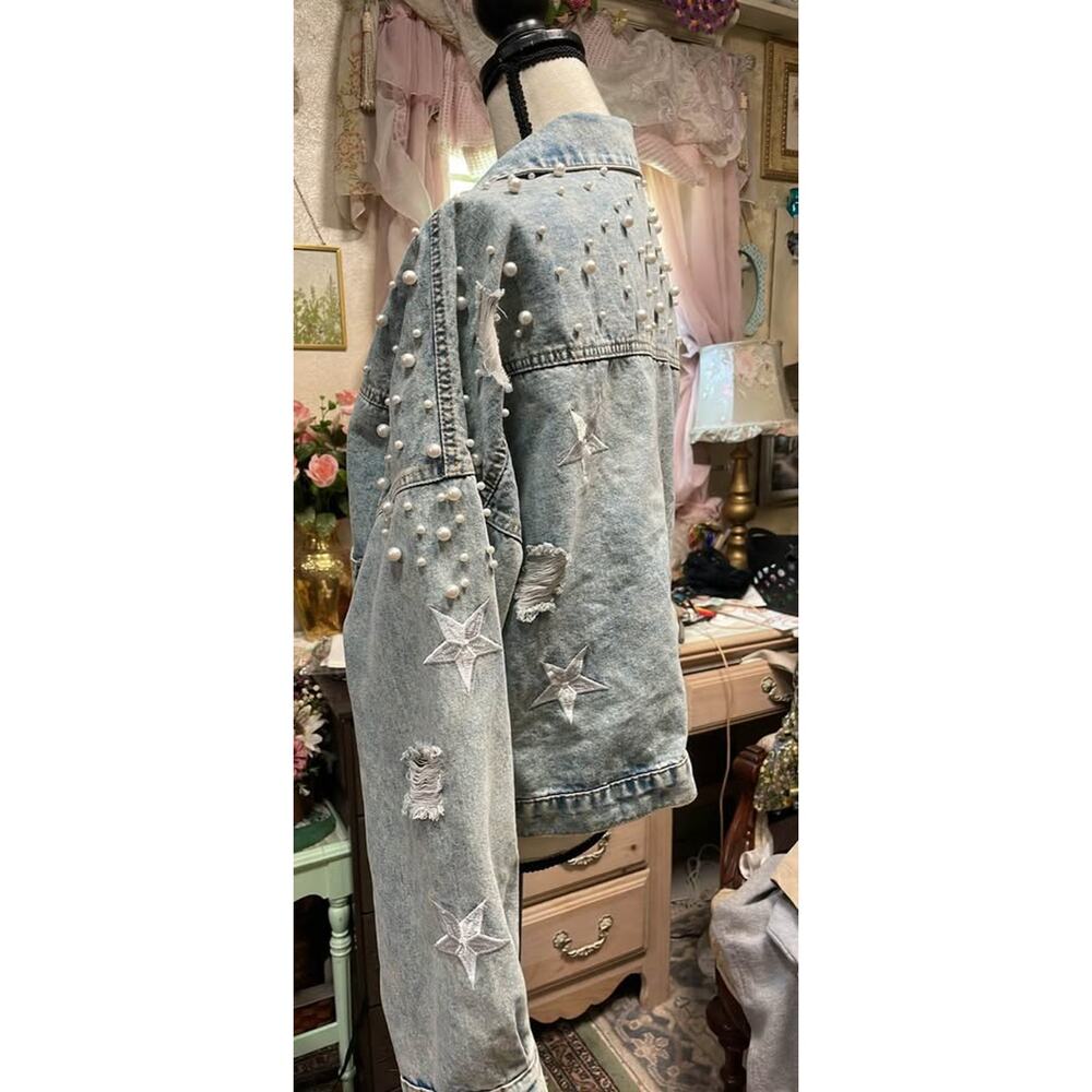 Pearl Embellished Star Embroidered Denim Jacket-size XL - Picture 3 of 6